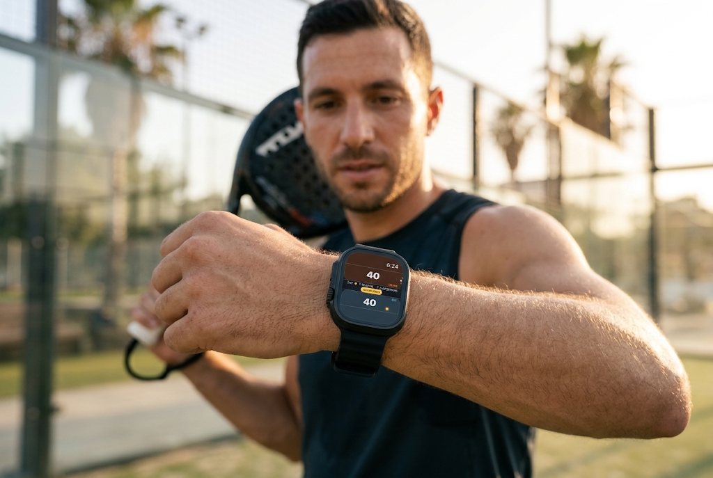 A padel player checking the score on his Apple Watch on an outdoor court at sunset
