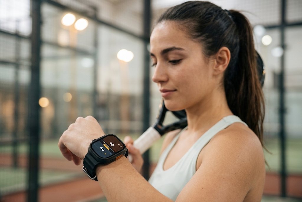 שחקנית פאדל מסתכלת על התוצאה בשעון Apple Watch בין נקודות, עם מחבט על הכתף